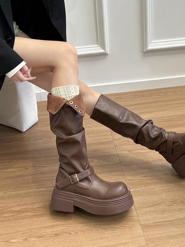 

Британские ботинки на толстой подошве, два варианта носки, женские осенне-зимние бархатные высокие ботинки, ботфорты со сборками, рыцарские ботинки 39 коричневый