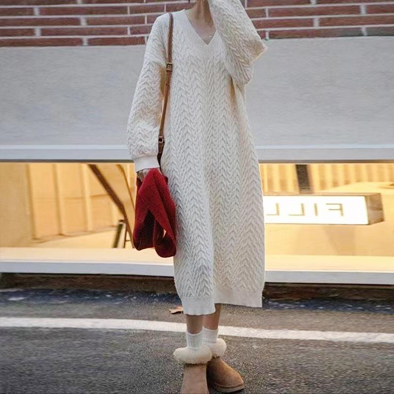 Autumn and Winter V-neck Retro Twist Embossed Pullover Sweater, Medium and Long Casual Knitted Bottoming Dress for Women