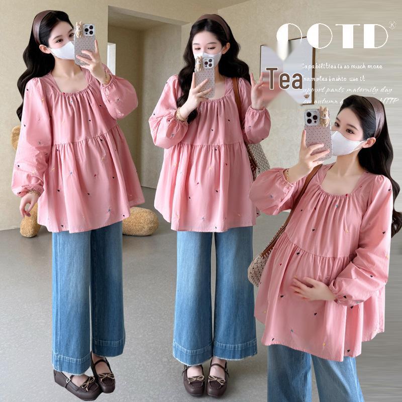 

2026 Spring Maternity Long Sleeve Cotton Embroidery Korean Doll Shirt 2XL рожевий
