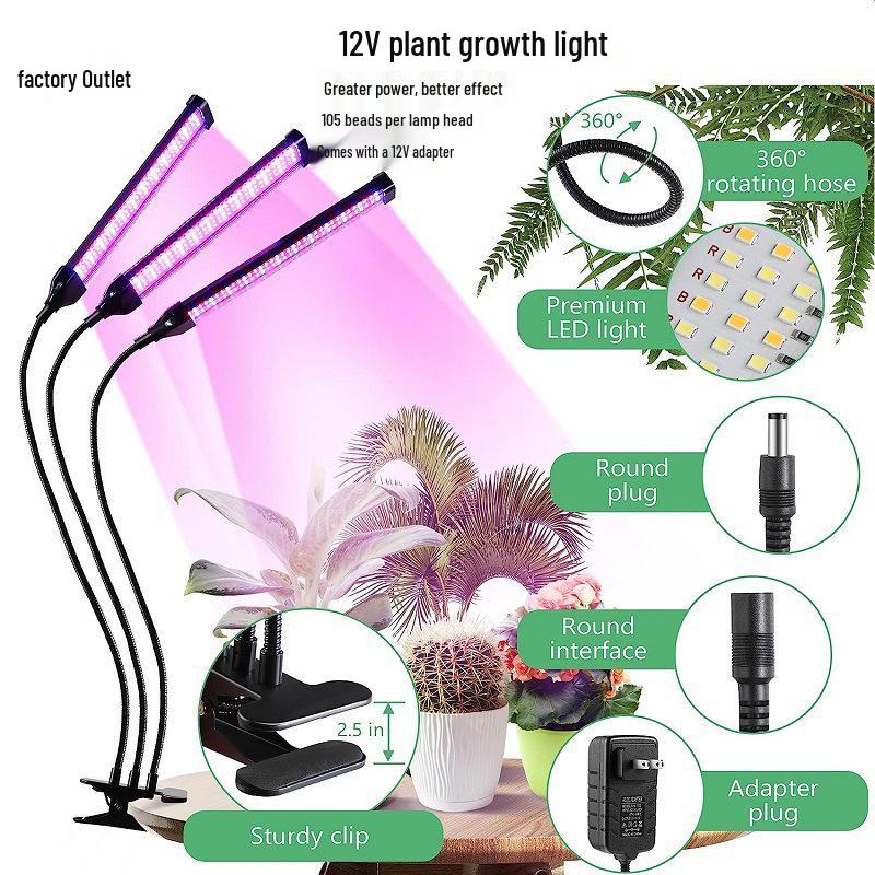 LED Plant Grow Light: 12V Clip-On Full Spectrum with Dimming & Timing for Seedling Sunlight Imitation
