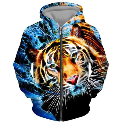 Vår Høst Mote Tiger Lion 3D-trykt hettegenser Mote for menn Sportsklær med glidelås Dyremønster Sportsklær Street Coat