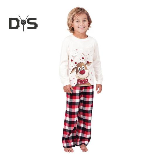 Parent-child Pajamas Elk Printing O Neck Long Sleeve Family Christmas Pajama Matching Set Children Sleepwear Top Plaid Pants Pet Coat Sleepwear
