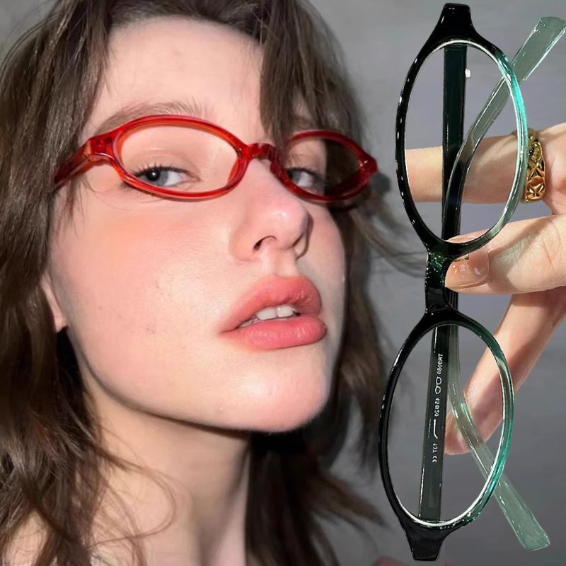 Damen Retro Ovale Brille Y2K Japanische und Koreanische Mädchen Roter Grüner Rahmen Glas Brillen Dekorativ Computer Blaulichtfilterbrille