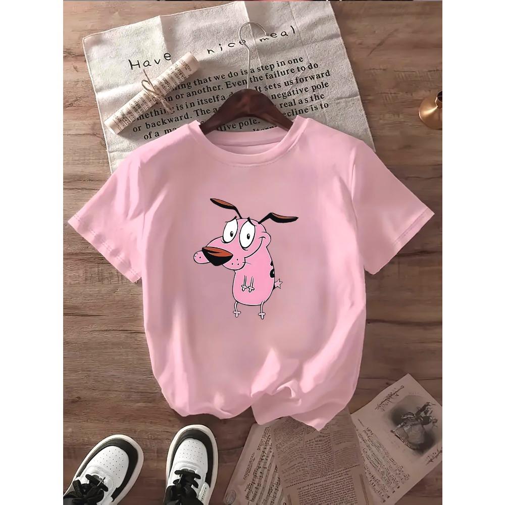 Damen T-Shirt Courage Der Feige Hund Kreativ Bedruckt Sommer Damen Rundhals Kurzarm Lässiges Oberteil T-Shirt Kleidung