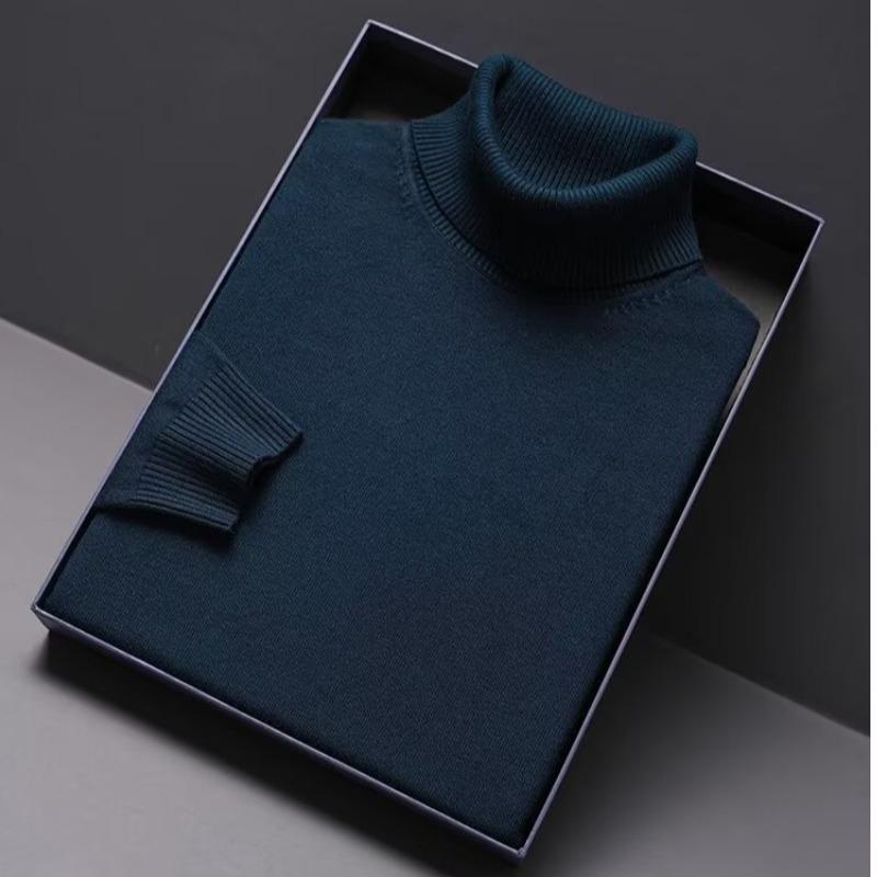 Men's Slim Fit High Neck Solid Color Knit Pullover - Korean Style Winter Base Layer Sweater