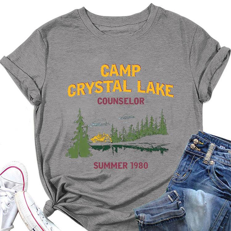 Summer New Womens Shortsleeved Tshirt Camp Crystal Lake Counselor Printed Loose Round Neck Casual Top with All Fashion Pullov