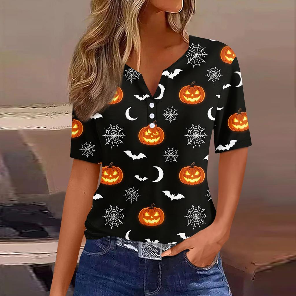 Women Casual Halloween Print V Neck Short Sleeve Button T Shirt Top Lightweight Breathable Soft Fabric Relaxed Fit