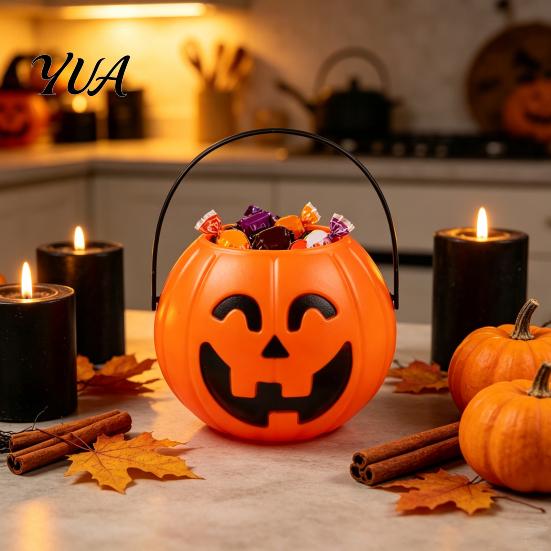 Spooky Party Decorations Halloween Pumpkin Candy Bucket, Plastic Treat Holder with Handle, Ghostly Treats Favor Storage Container, Trick-or-Treat Gift