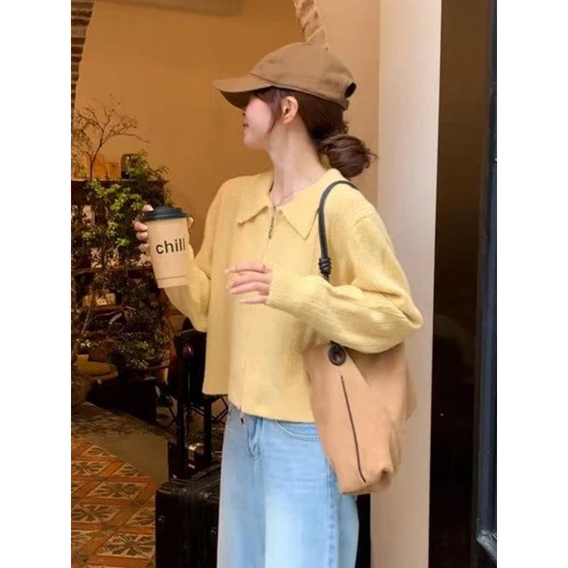 French Goose Yellow Polo Collar Women's Knitted Cardigan with Double Zipper - 2025 Autumn Collection.