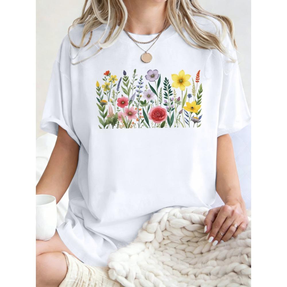 Rich Colors Simple Flowers Pattern Womens T Shirts Loose Cotton T-Shirt Summer O-Neck Short Sleeve Breathable Casual
