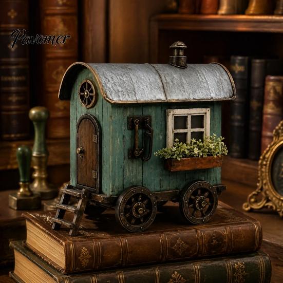 Resin Figurine for Home Decor Vintage Mini RV Statue, Retro Campervan House Figurine, Farmhouse Unique Collectible Craft Display Style Ornament Indoor