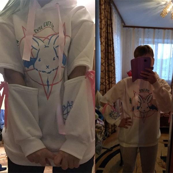 Harajuku Pentagram Lace Embossed Women's Polar Hoodies Punk Gothic Cute Bunny Oversize Hooded Velvet Sweatshirt Jersey Streetwear