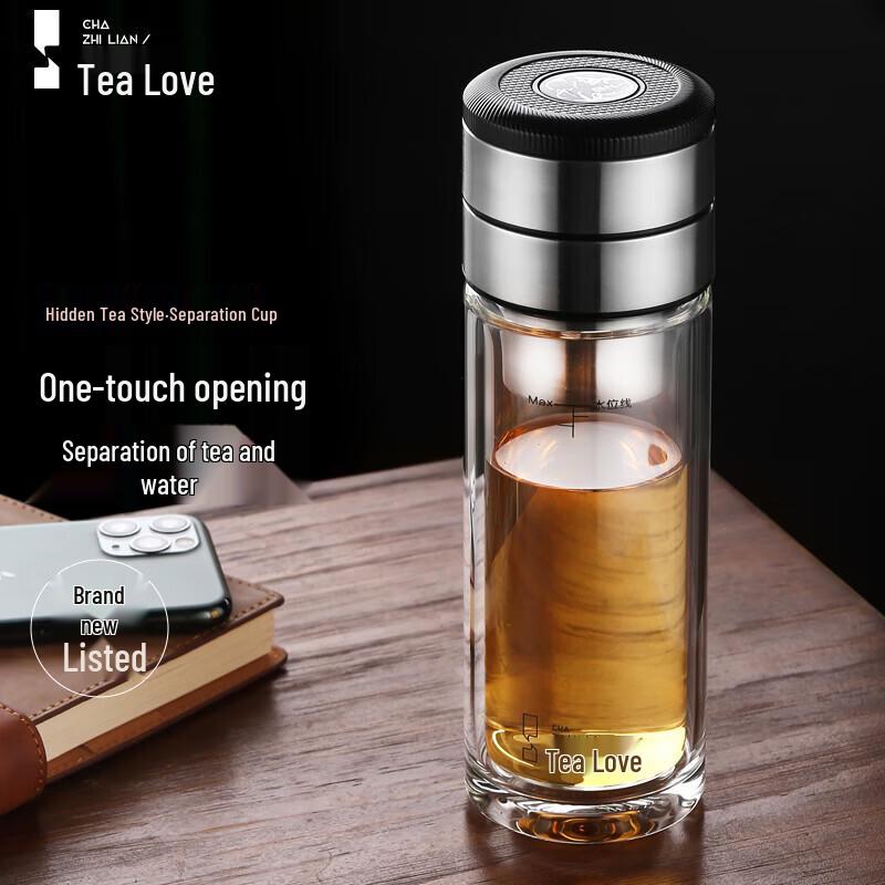 Tea Love CZL-032-68B Стеклянная бутылка с инфузером для чая на одну кнопку 320mL серебряный