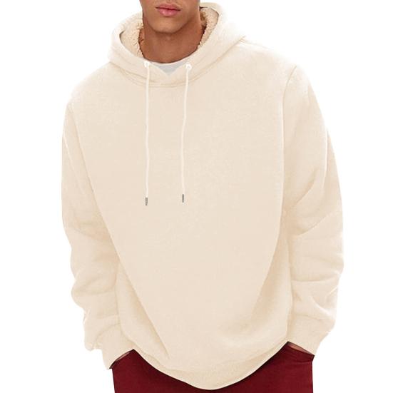 Winter Men Hoodie Velvet Lined Drawstring Loose Long Sleeves Thermal Plus Size Mid Length Top
