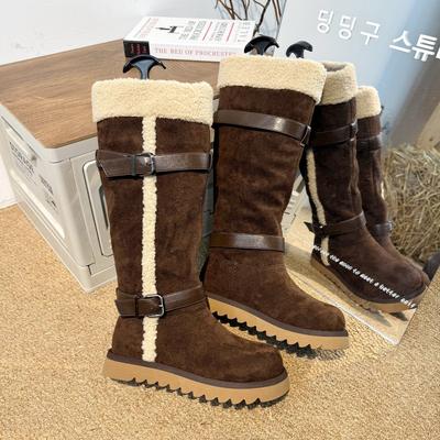 Fleece verdickte Gürtelschnalle Winter neue geflanschte Schneestiefel Damen Leder dicksohlige Stiefel rutschfest und warm