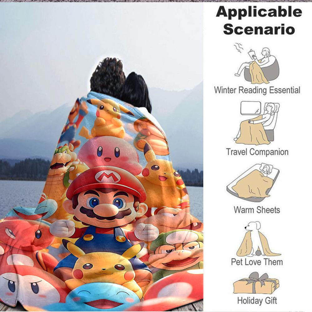 1pc Mario Pikachu Cozy Print Blanket Lightweight Warm Flannel Throw Blanket For Sofa, Bed, Living Room