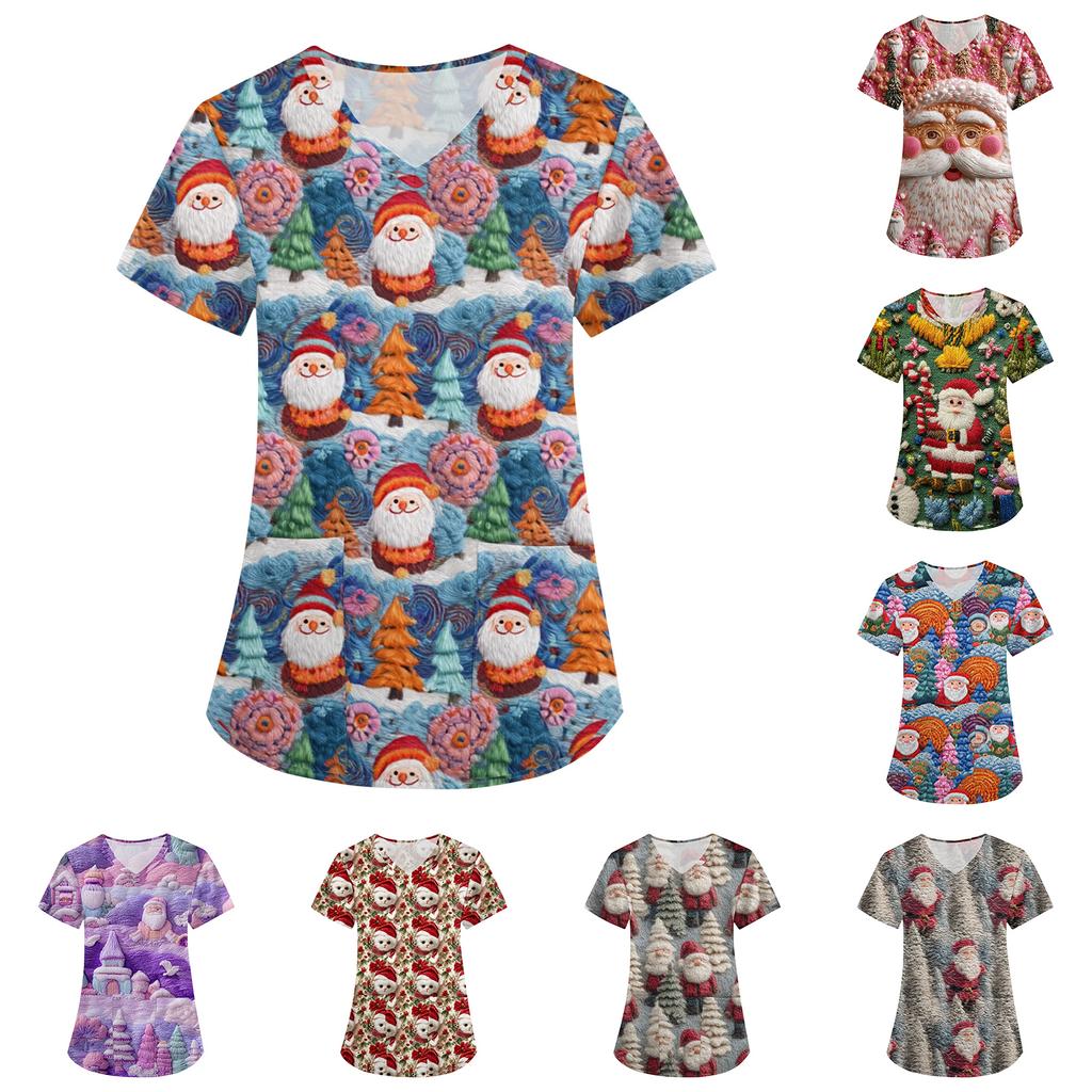Women's Fashion V-Neck Short Sleeve Overalls With Pockets Christmas Printed Tops  Clothes