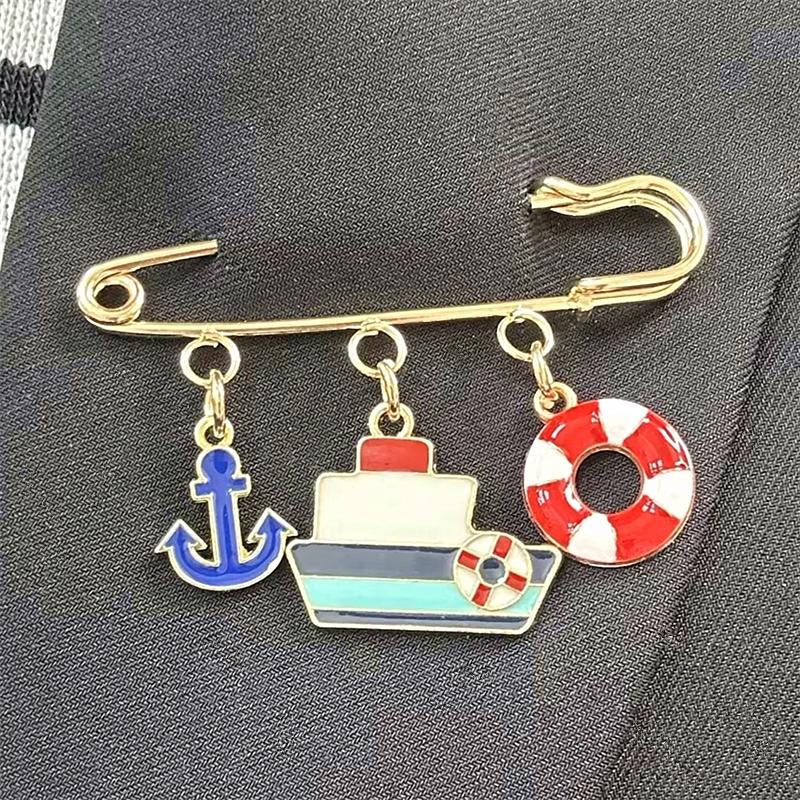 Vintage Nautical Themed Brooch - Anchor, Ship & Lifebuoy Charm Pin for Daily Wear, Great Gift for Sea & Maritime Lovers