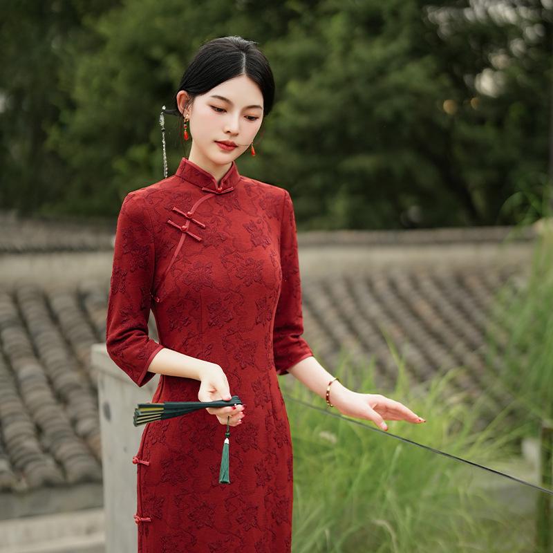 Autumn & Winter Rust Red Slim Fit High-Slit Cheongsam