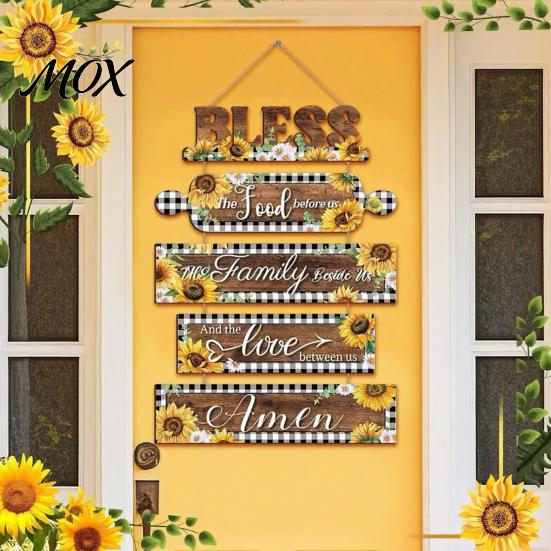 Decorative Wooden Letters for Wall Kitchen Decor, 5 Panel Bless Food Family Love Splicing Art Hanging Sign, Farmhouse Dining Room Living Pastoral