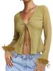 Women Spring Autumn Crop Tops Long Sleeve V-neck Lacing Feather Slim Fit Autumn Shirts for Club Party