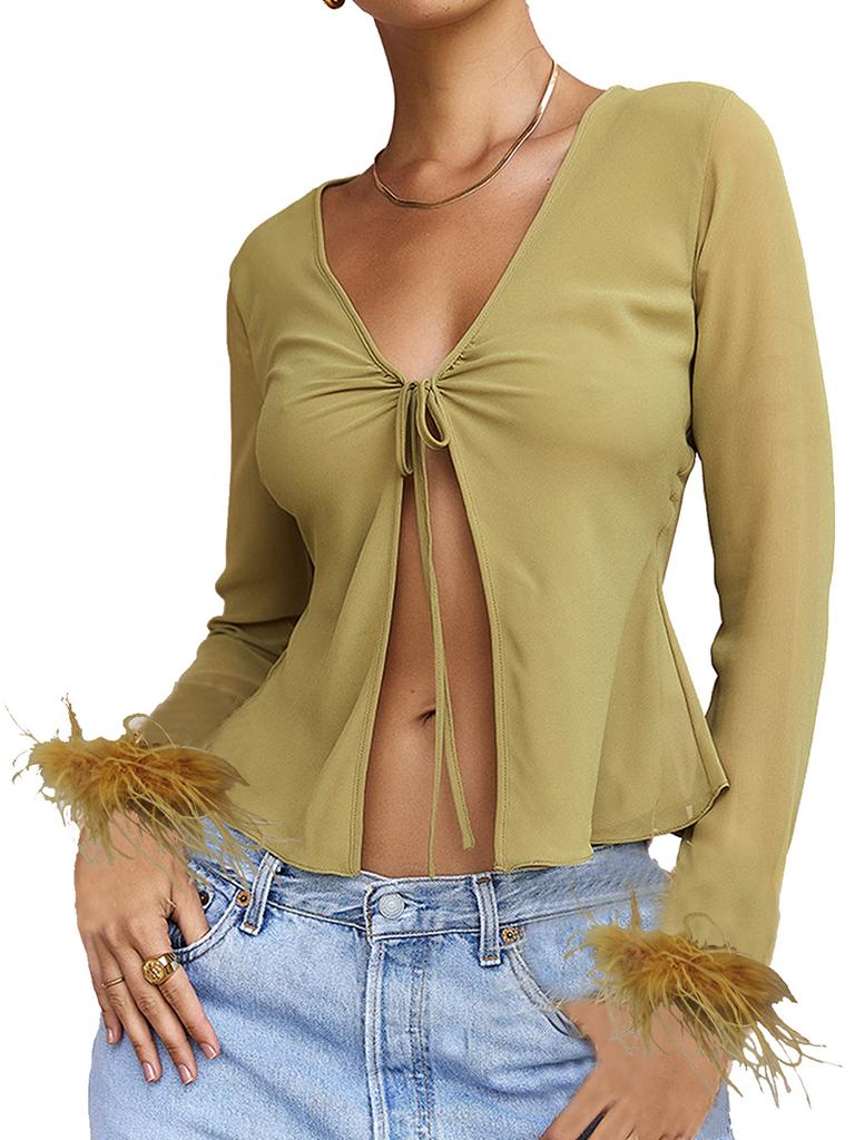 Women Spring Autumn Crop Tops Long Sleeve V-neck Lacing Feather Slim Fit Autumn Shirts for Club Party