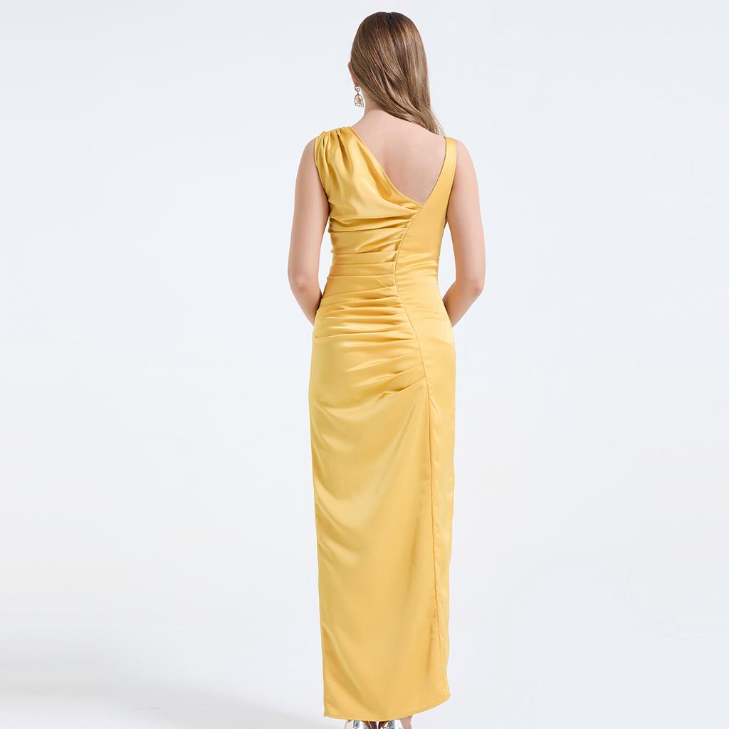 Summer New Arrival Acetate Satin Asymmetrical-Cut Bodycon Dress For Women Elegant One Shoulder Folds Splice Party Prom Dress