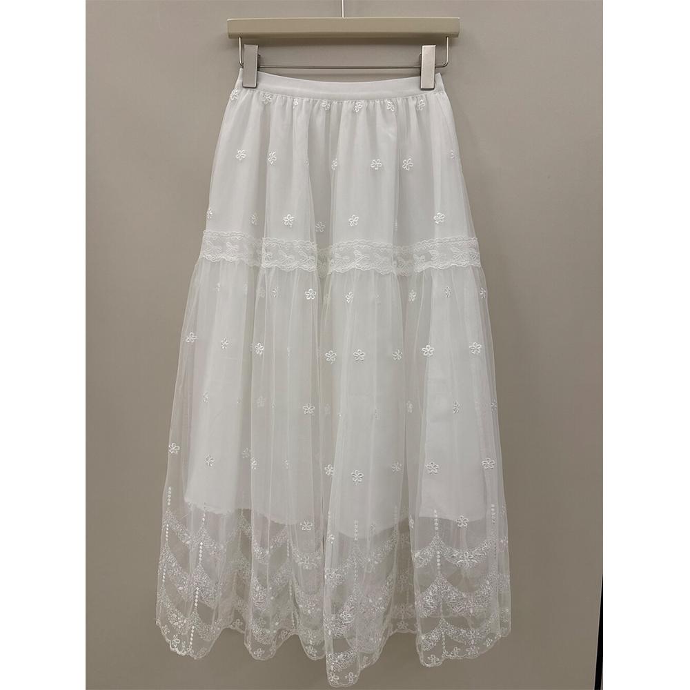 DIMANAF 2025 Summer Women New Skirts Vintage Elastic Pleated White Elegant  Skirts Lace High Waist