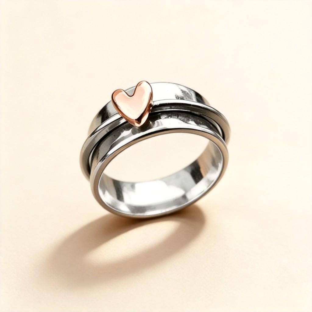 Bohemian Heart Shaped Ring With Rotating Pendant Retro Alloy Stylish Jewelry For Women And Men