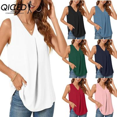 Women's Fashion Casual Solid Color Print Sleeveless V Neck Blouses & Shirts