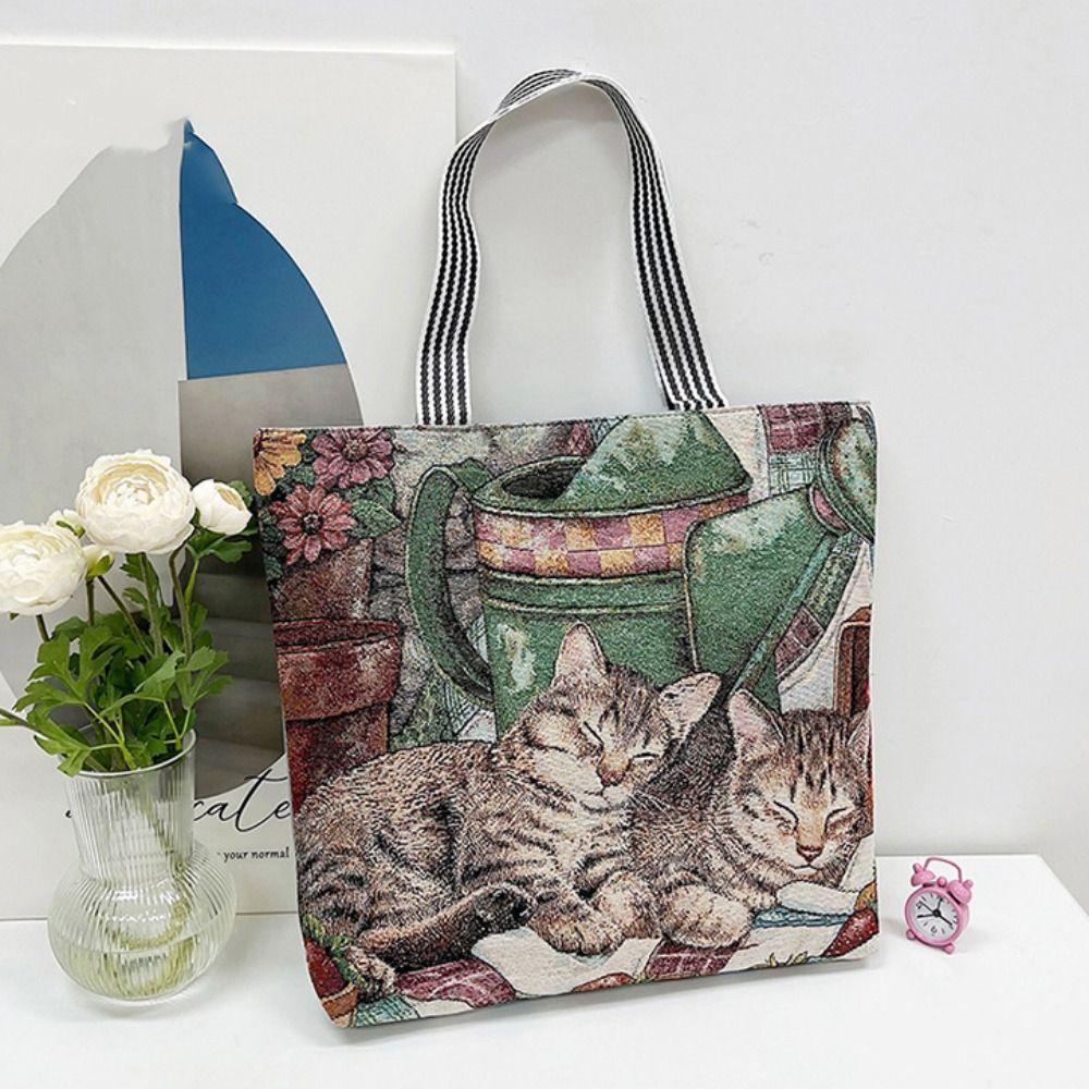 Dog Ethnic Style Handbag Embroidery Animal Shoulder Bag Vintage Cute Cat Cloth Bag  Students