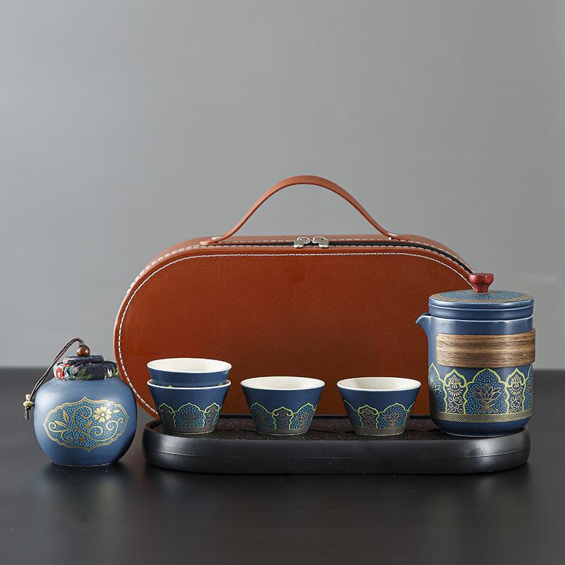 

Travel tea set, outdoor portable ceramic express cup, one pot of four cups, tea pot travel gifts