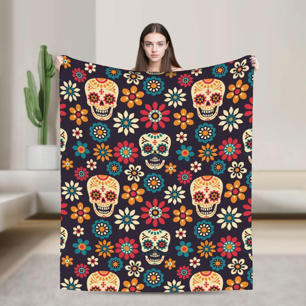 Sugar Skull Rose Halloween Knitted Blanket Flannel Gothic Day of the Dead Warm Throw Blankets for Bed Bedspread