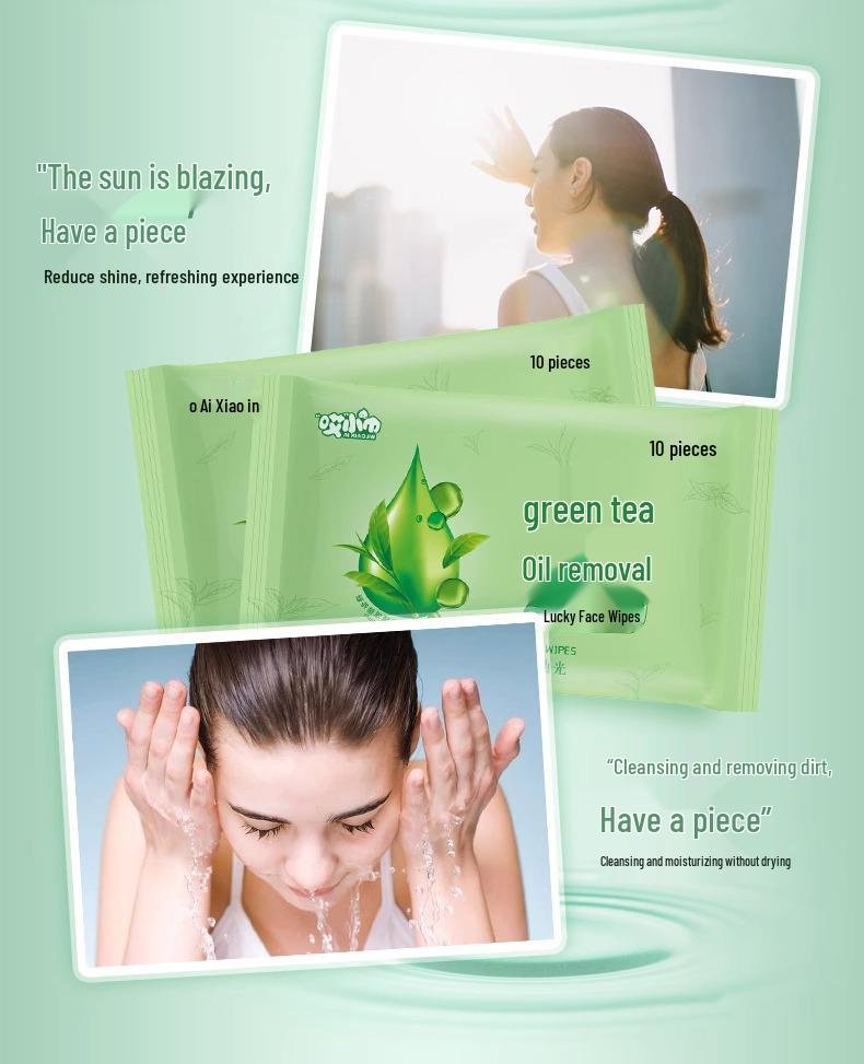 Newcomer Discount: Green Tea Scented Wet Wipes - 100 Sheets, Portable Travel Pack for Oil & Sweat Removal, Ideal for Student & Military Training.