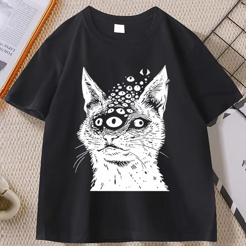 Weirdcore Cat T Shirt Harakuju Creepy Horror Goth Cat TShirt Gothic Dark Aesthetic Tshirt Casual Round Neck Cotton Tees Tops