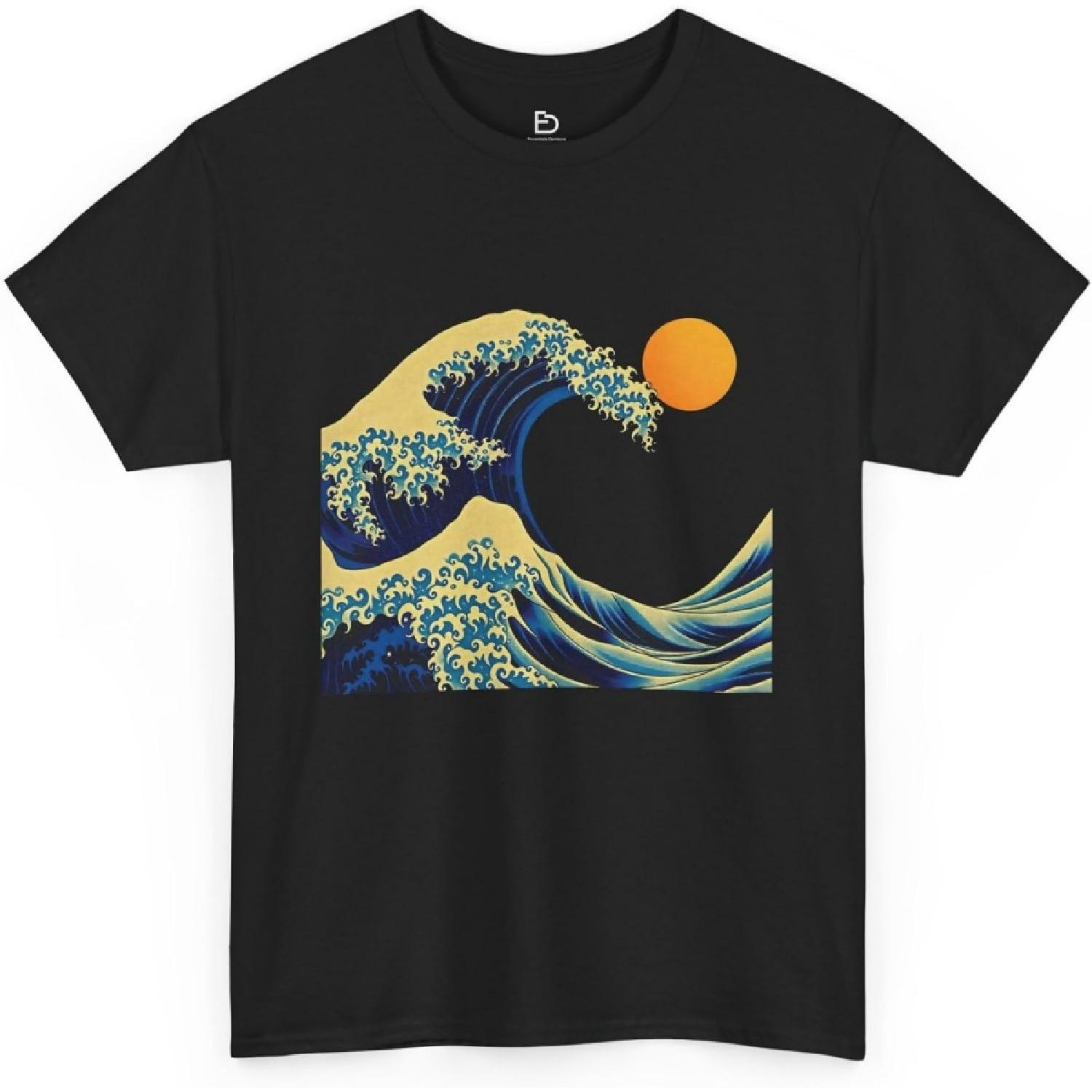 Artistic Ocean Wave Graphic T Shirt Men Featuring Vibrant Blue Wave Yellow Sun Design Modern Summer Style S
