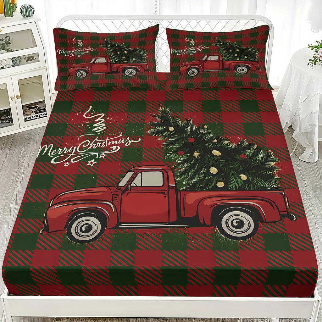 Red Fitted Sheet Set Marry Christmas Pine Grid 3D Print 100% Polyester Mattress Covers Soft Bed Set New Decor 2 Pillowcases