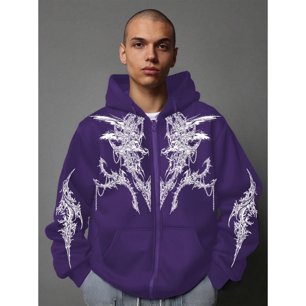 Men's Dark Campus Fashion Style Printed Zip-Up Hoodie, New for Spring and Autumn