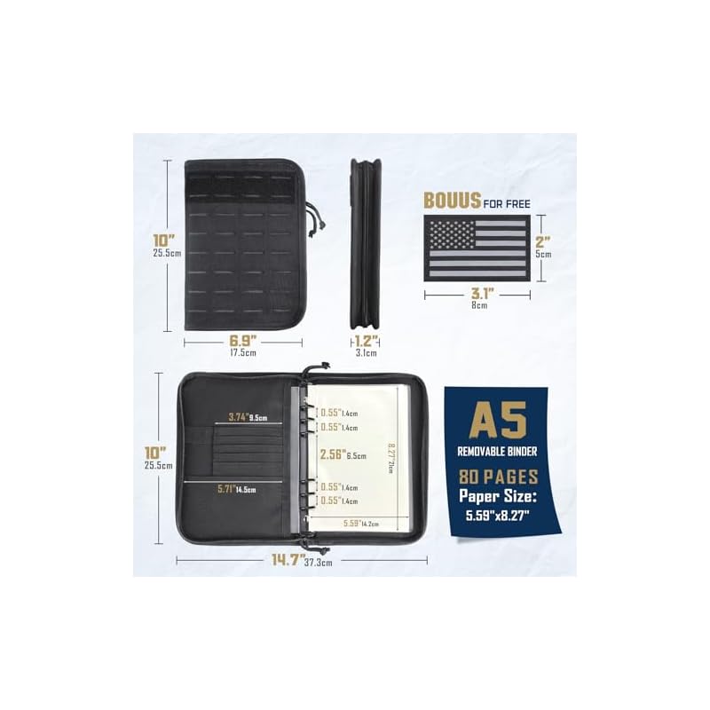 Pitozer All-in-One Tactical Notebook Padfolio Ring Binder | Removable A5 6-Ring Binder & 80 Sheets of Refill Paper | Molle Zip Notebook Cover | Gift,