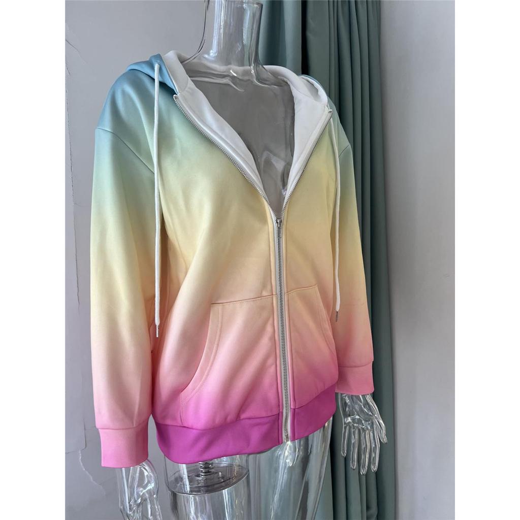 Damtröja Höst Färgövergång 3D-tryckt Avslappnad Långärmad Dragkedja Med Huva Tröja Kläder Rea