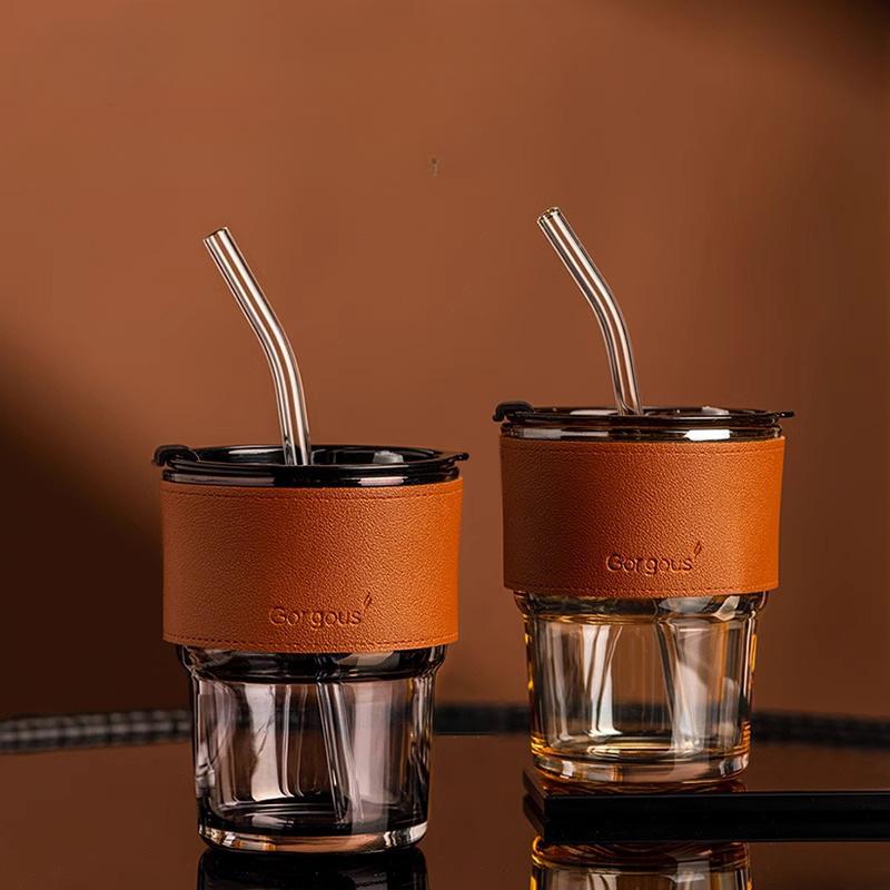 Bamboo Shaped Glass Cup with Leather Cover, Anti-Scalding, Good for Coffee and Tea Stylish and Portable Ideal for Home or Office