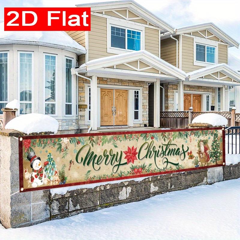 Merry Christmas Fence Banner, Santa Claus Snowman Reindeer Theme, Polyester Outdoor Lawn Wall Party Decoration