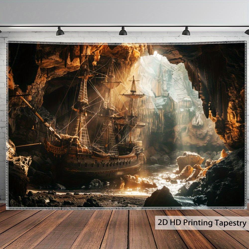 Pirate Ship Cave Tapestry, Retro Nautical Sailing Scene With Golden Sunlight, Adventure Themed Wall Art For Living Room Bedroom 70X100cm