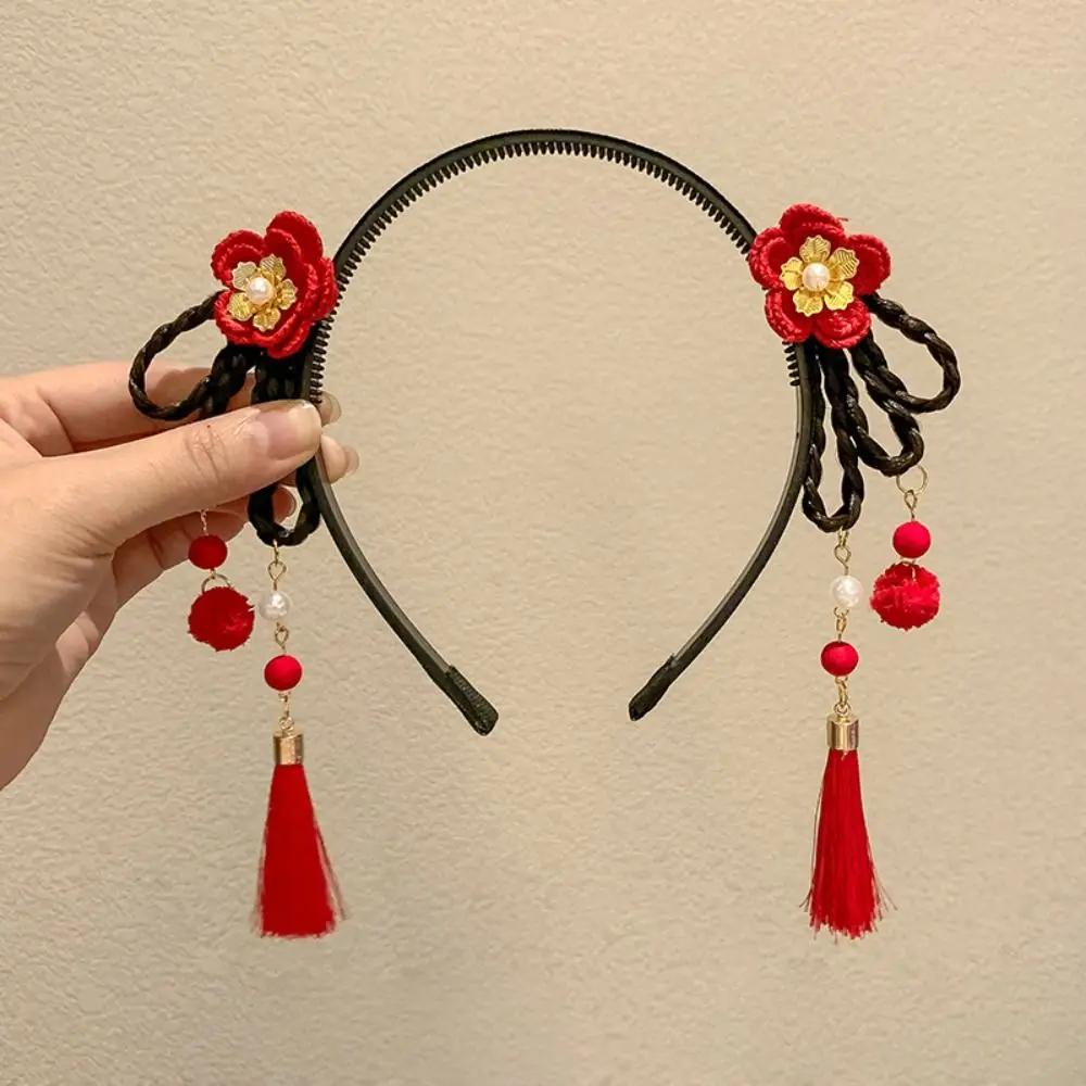 Flower Children Wig Headband Braid Hair Tang Suit Hair Hoop Chinese New Year Headwear Ancient Style Tassel Red Bow Hairband Baby