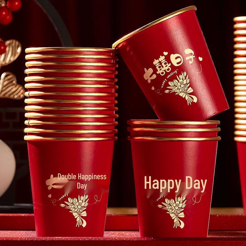 Luxurious Gold Thickened Disposable Wedding Cups - Elegant Red Tea Cups for Banquets & Household Use