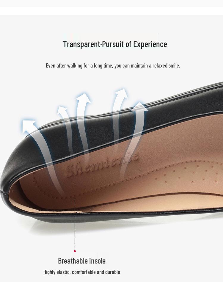 Women's Black Leather Non-Slip Flat Work Shoes - Comfortable Round Toe Design for Long Standing Hours, Soft Sole Professional Footwear.