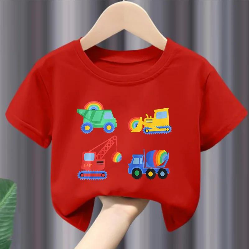 New Boys Tshirt Europeanstyle Childrens Engineering Car Printed Sweatshirt with Short Sleeves Soft Polyester Fabric  Summer