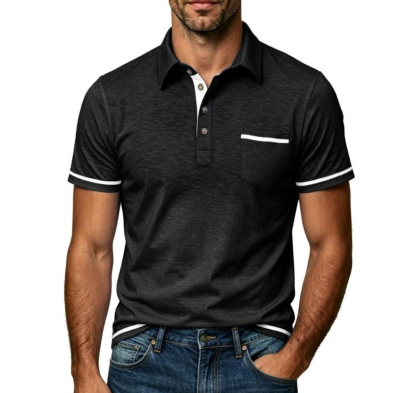 Mens Casual Turn Down Collar Short Sleeve Contrast Color Loose Polo Shirt Top S чёрный