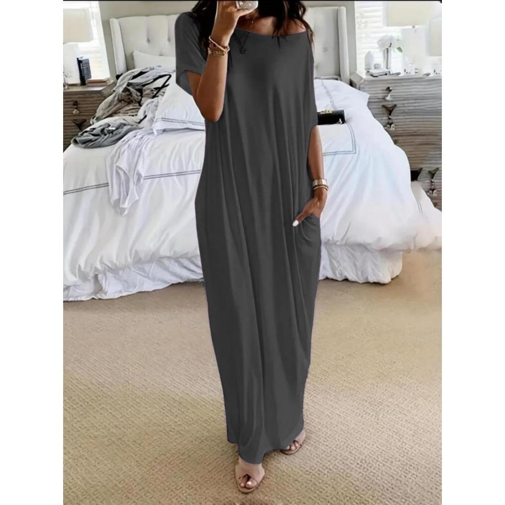 Summer Women's Solid Color Short Sleeve Long Casual Dress