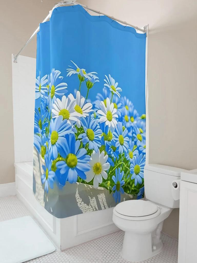 Stylish Shower Curtain with Beautiful Blue and White Daisy Flowers Suitable for Wet and Dry Separation Spring Home Decor